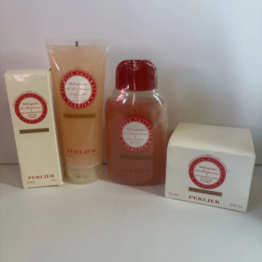 Perlier Mediterranean Pomegranate Bath Cream, Body Mousse, Scrub, Hand Balm New